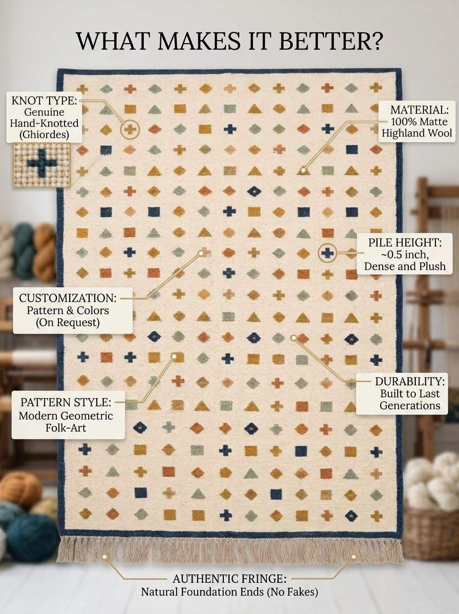 Ivory wool flatweave kilim rug with navy border and geometric motifs in living room