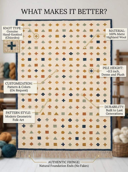 Ivory wool flatweave kilim rug with navy border and geometric motifs in living room