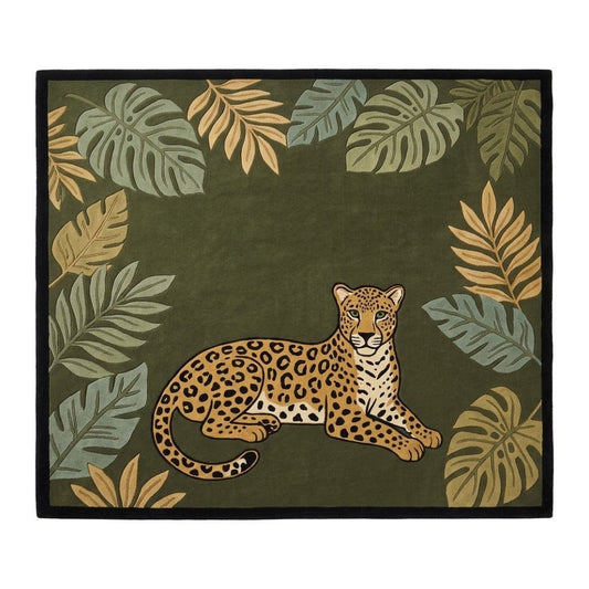 Jungle Leopard Rug in olive green with a tan spotted leopard, sage and gold tropical leaves, and a black border