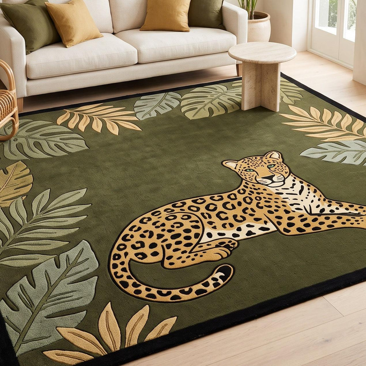 Jungle Leopard Rug in olive green with a tan spotted leopard and sculpted sage and gold tropical leaves, black edging