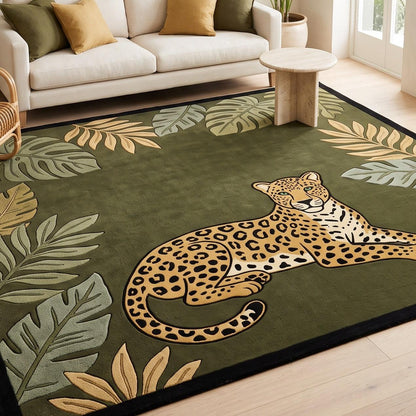 Jungle Leopard Rug in olive green with a tan spotted leopard and sculpted sage and gold tropical leaves, black edging