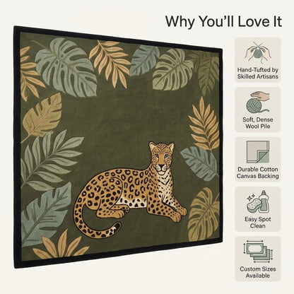 Jungle Leopard Rug in olive green with a tan spotted leopard, sage and gold tropical leaves, and black border