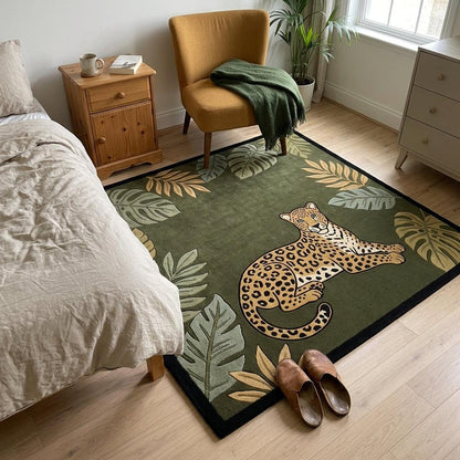 Jungle Leopard Rug in olive green with tan and black leopard motif, tropical sage and gold leaves, and dark border