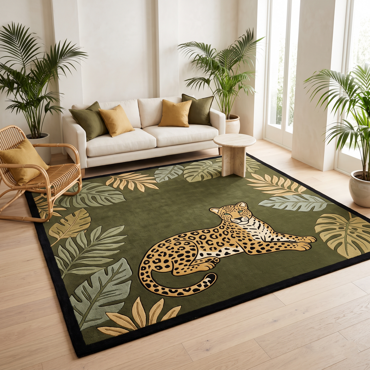 Jungle Leopard Rug in olive green with a spotted golden leopard, sage tropical leaves and a black border