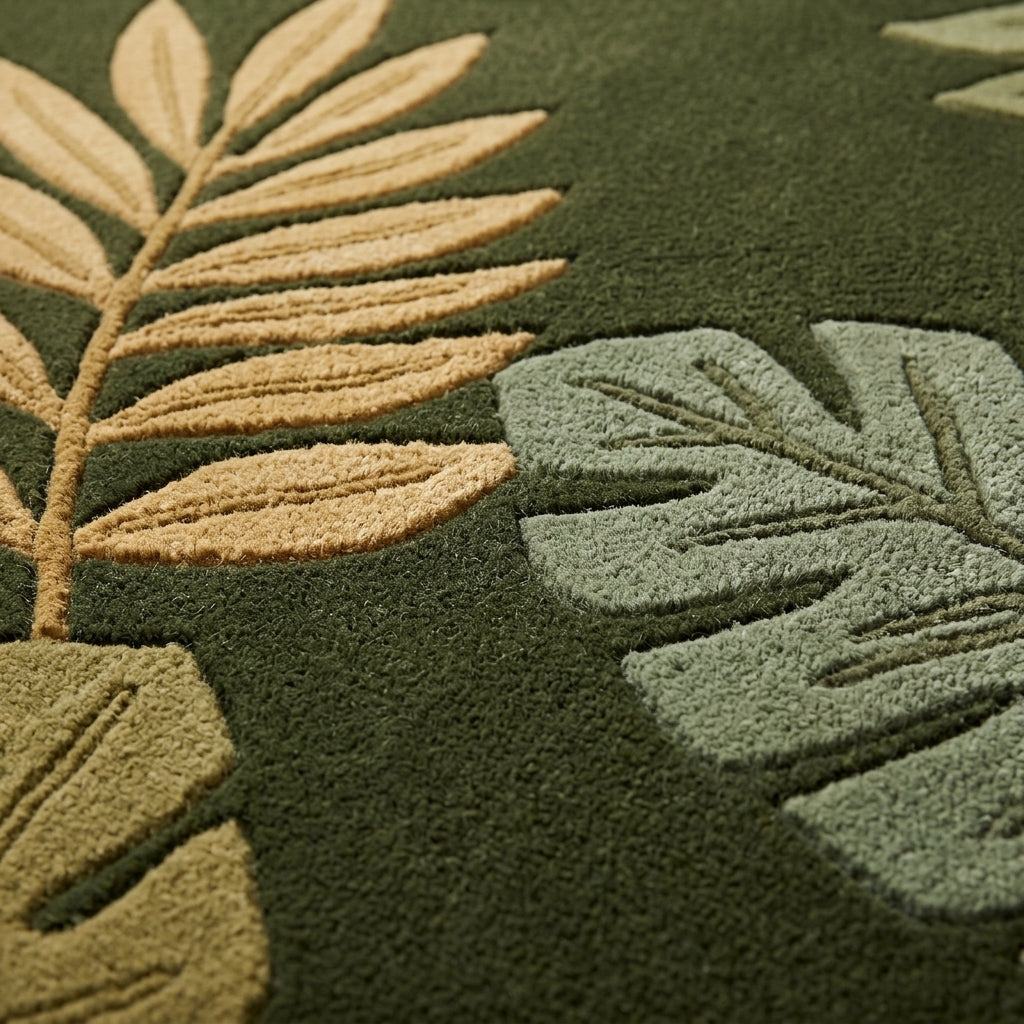 Jungle Leopard Rug with a plush olive green wool pile and raised gold and sage tropical leaves with carved veins