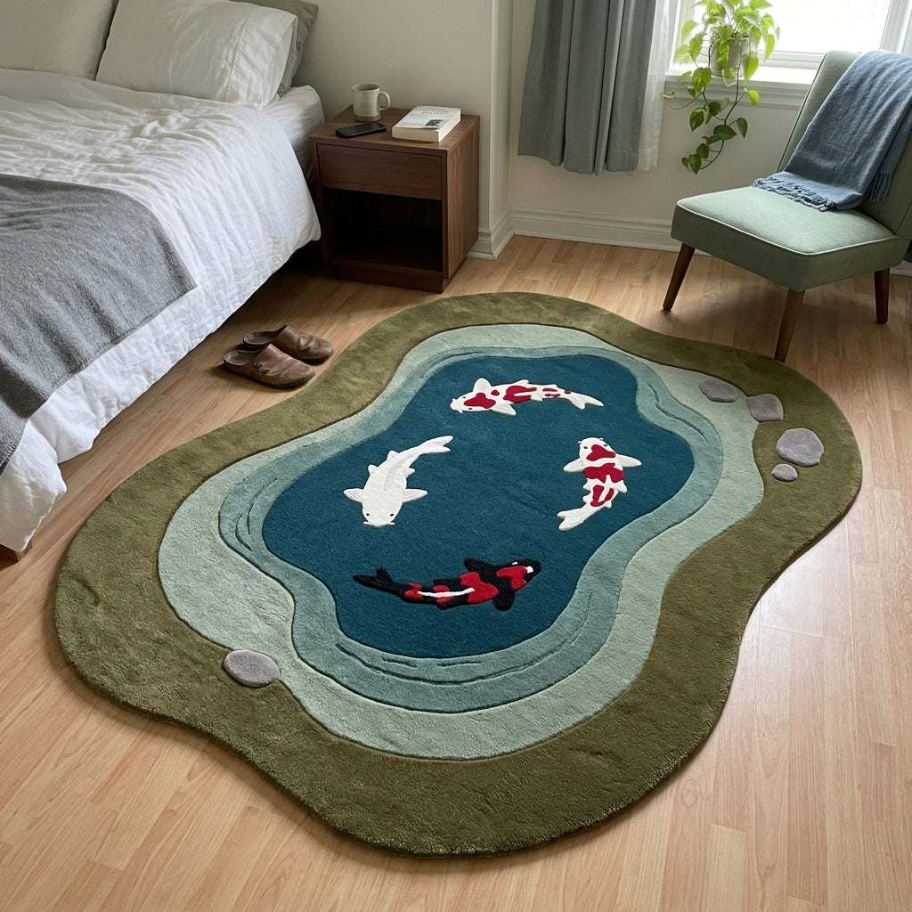Koi Fish Garden Pond Rug in olive wool with a deep teal pond, four red, white and black koi, and carved grey-green stone edges