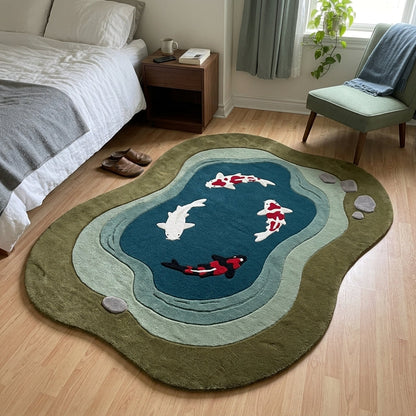 Koi Fish Garden Pond Rug in olive wool with a deep teal pond, four red, white and black koi, and carved grey-green stone edges