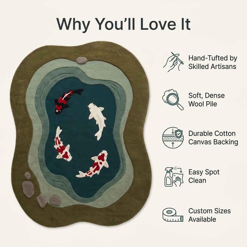 Koi Fish Garden Pond Rug in an organic shape, olive and sage wool with teal water and four carved koi