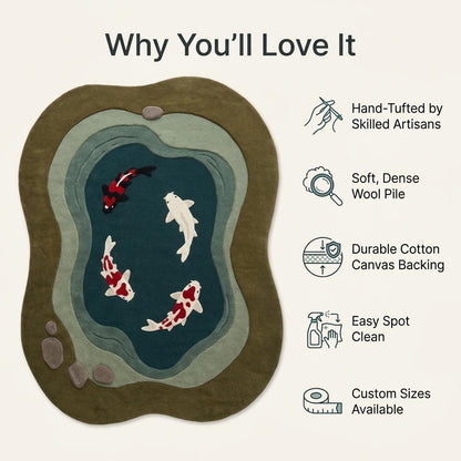 Koi Fish Garden Pond Rug in an organic shape, olive and sage wool with teal water and four carved koi