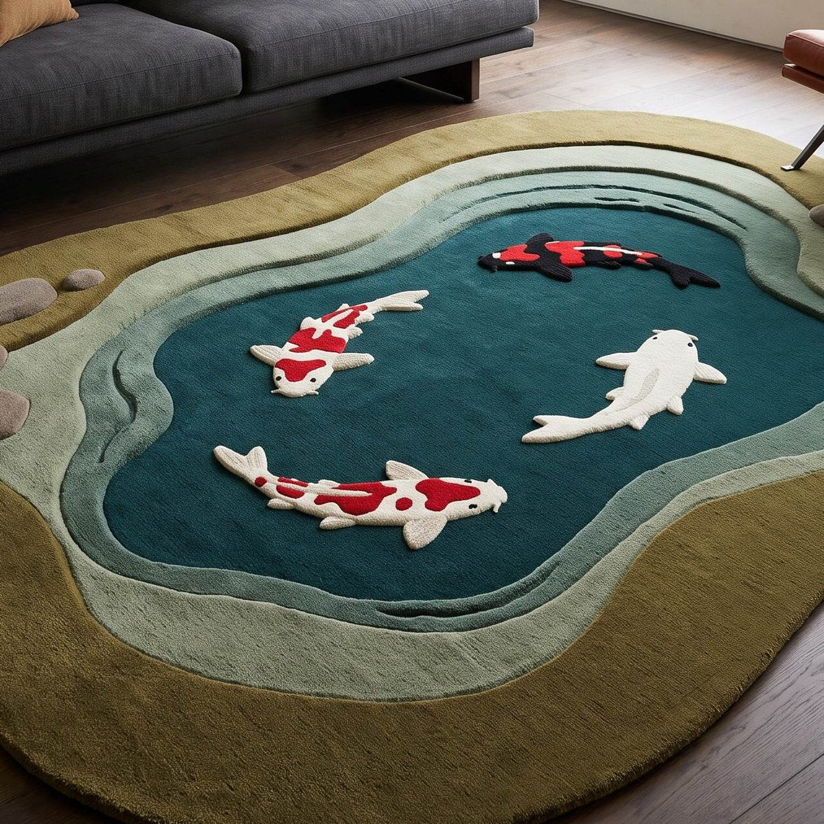 Koi Fish Garden Pond Rug in teal and olive wool, with four raised koi and sculpted sage and grey stone borders