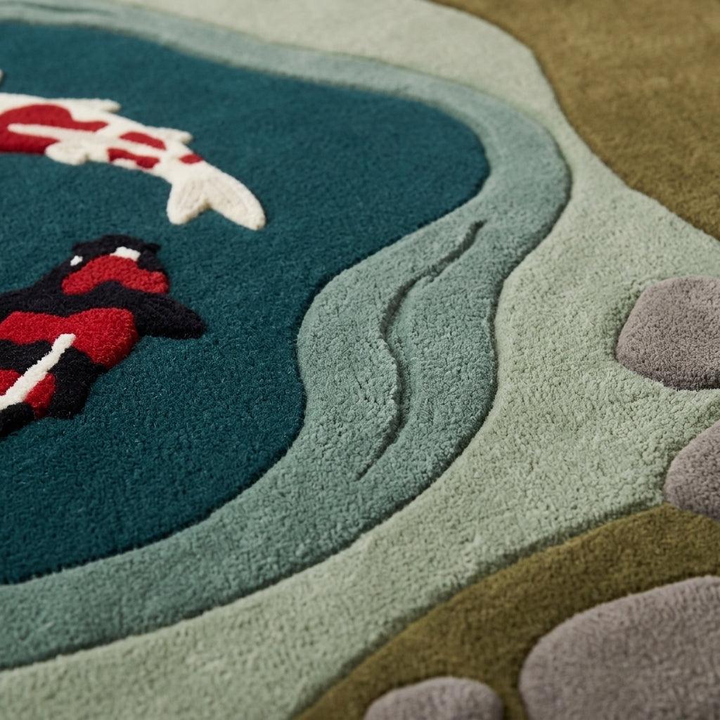 Koi Fish Garden Pond Rug in wool, with deep teal water, raised red, white and black koi, and layered sage stone edges