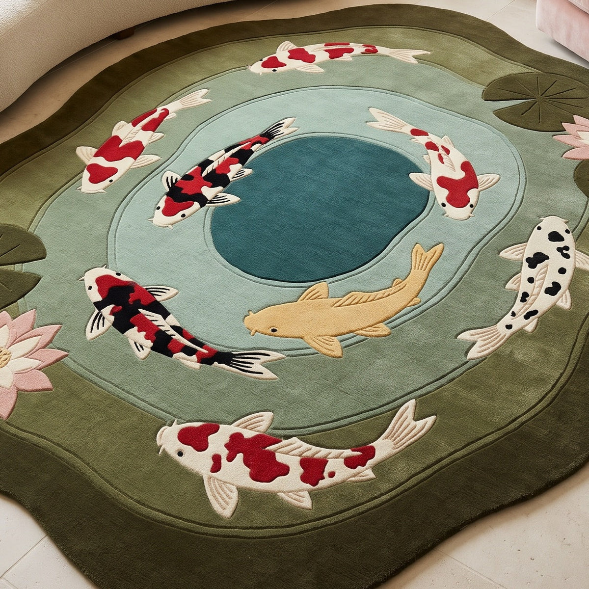 Koi Pond Lotus Rug in hand-tufted wool, featuring colorful carved koi, pink lotus flowers and olive lily pads
