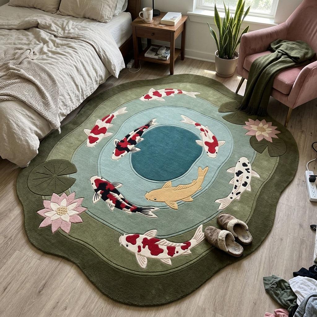 Koi Pond Lotus Rug in wool with an irregular olive-green edge, teal pool, colorful koi, pink lotus flowers and lily pads