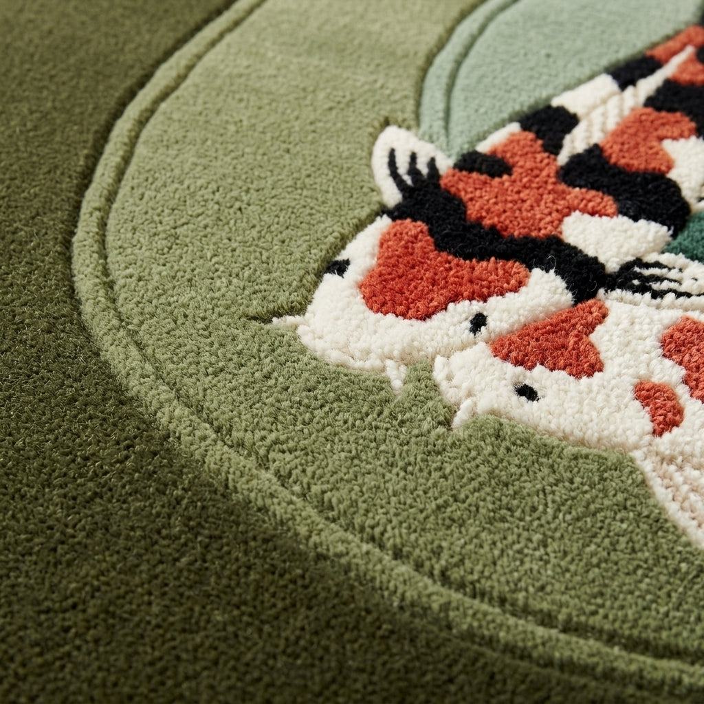 Koi Pond Lotus Rug in hand-tufted wool, showing rust, cream and black koi on olive green with raised carved details