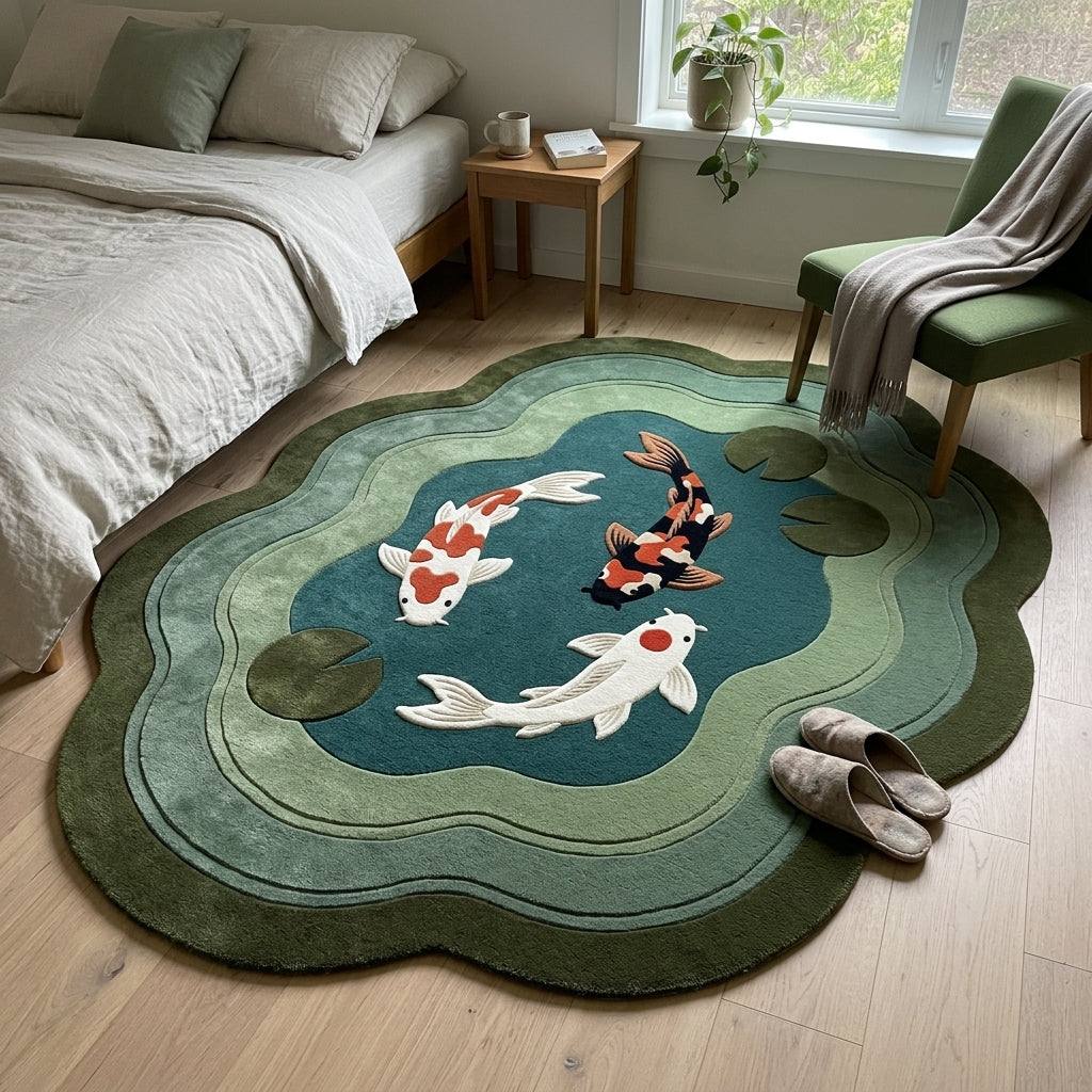 Koi Pond Rug with a teal pond, three white, orange and black koi, olive lily pads and layered green ripple bands