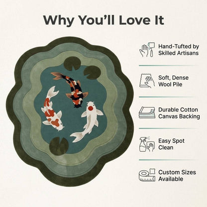 Koi Pond Rug in teal, sage and olive wool, with three white, orange and black koi, lily pads and a scalloped cloud shape