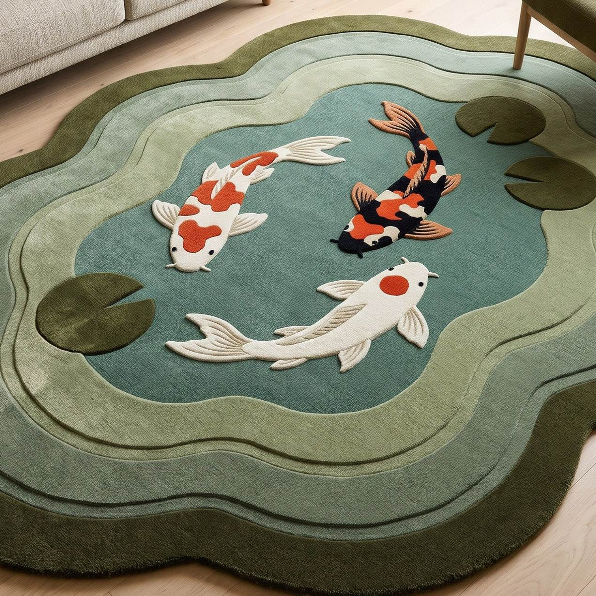 Koi Pond Rug in teal wool with three raised white, orange and black koi, olive lily pads and layered sage ripples
