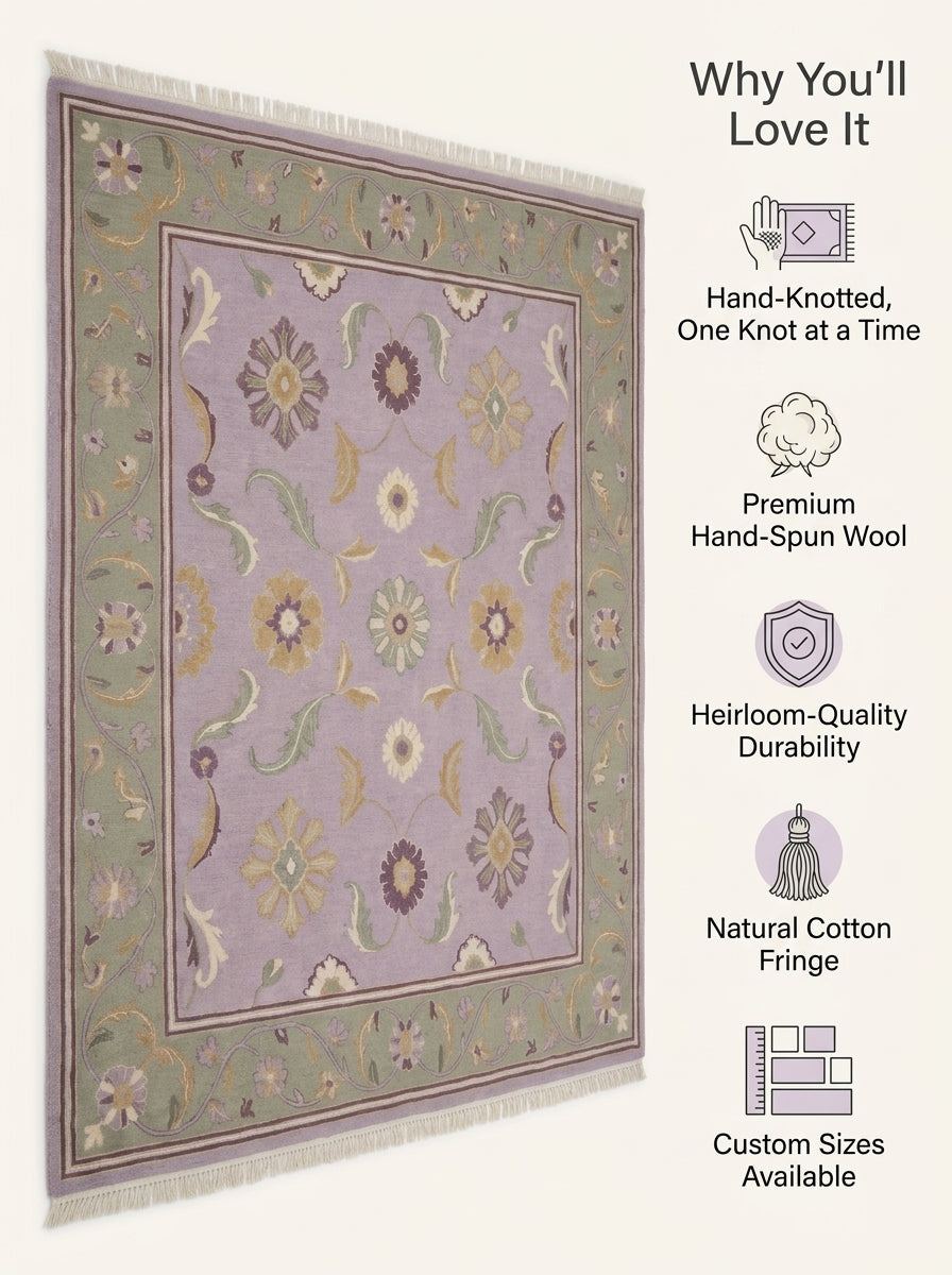 Lavender Floral Rug in hand-knotted wool, with a lilac field, sage green floral vine border, ivory fringe and pastel blooms