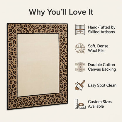 Leopard Border Rug with an ivory centre and tan, brown and black spotted border, finished with crisp dark edging