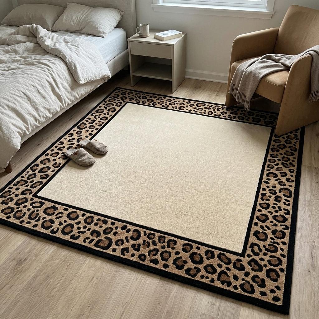 Leopard Border Rug with a plain ivory centre and tan, caramel and black spotted border, framed by crisp black lines
