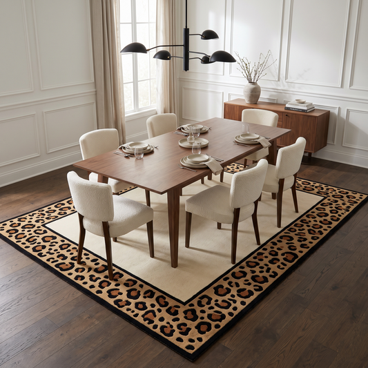 Leopard Border Rug with a creamy ivory centre, tan and black animal-print wool border, and crisp black edging