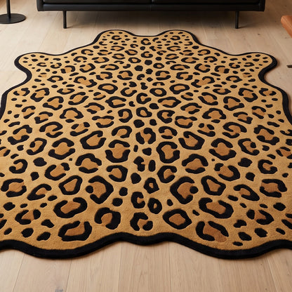 Leopard Hide Rug in golden tan with black rosette spots, honey-brown centres, and an irregular hide shape with black edging