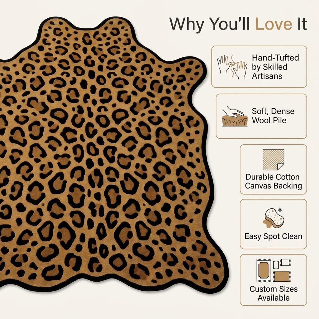 Leopard Hide Rug in golden tan wool with black rosette spots, honey-brown centres and an irregular hide shape