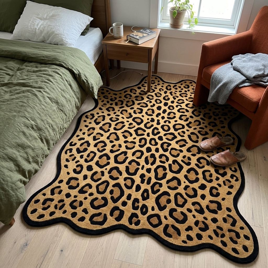 Leopard Hide Rug in golden tan with black leopard rosettes, a thick black border and an irregular hide shape