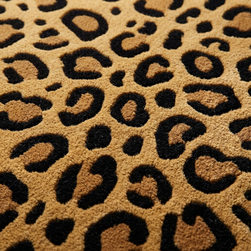 Leopard Hide Rug with a golden tan wool pile and raised black rosette spots with honey-brown centres