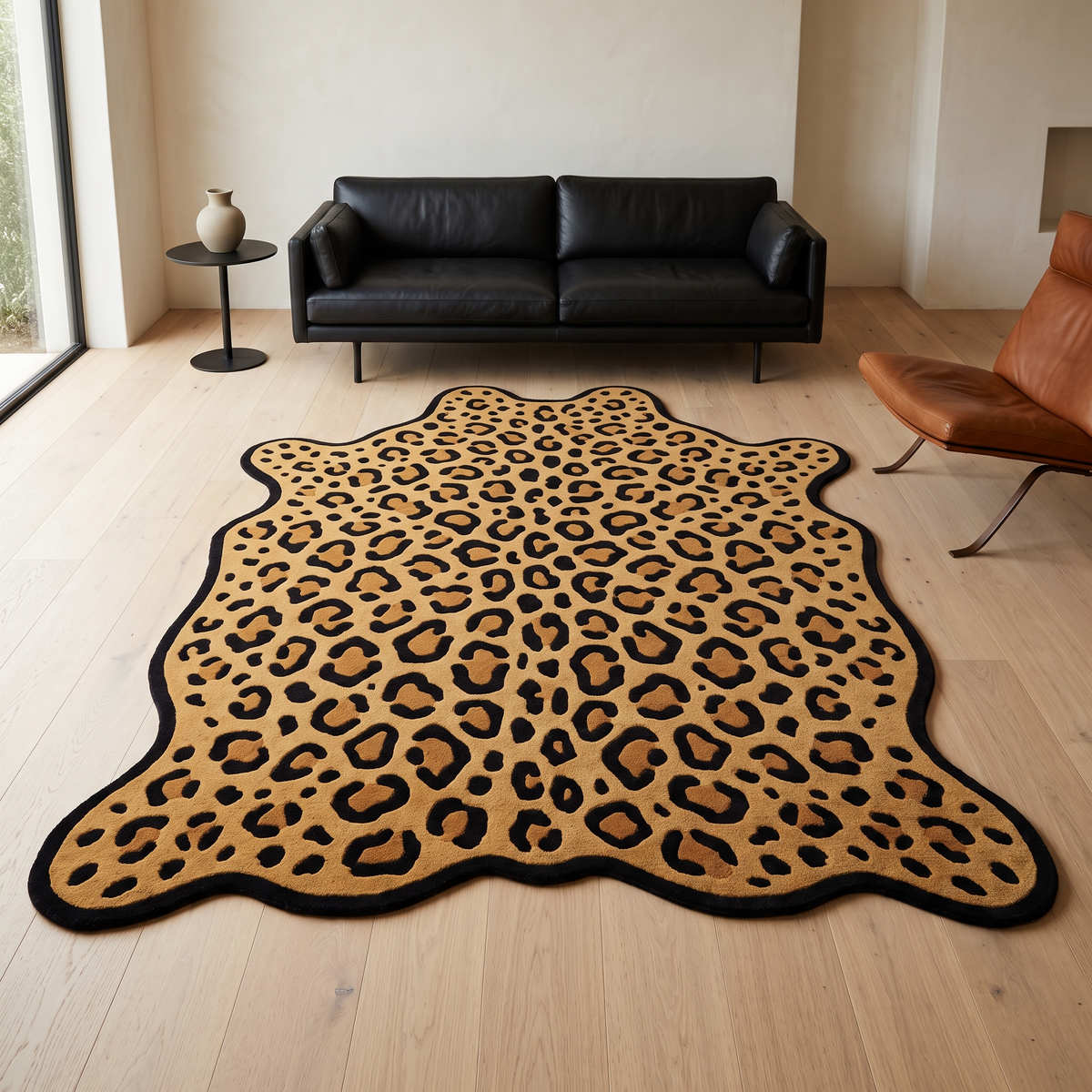 Leopard Hide Rug in golden tan with black and brown rosette spots, an irregular hide shape and dark outline