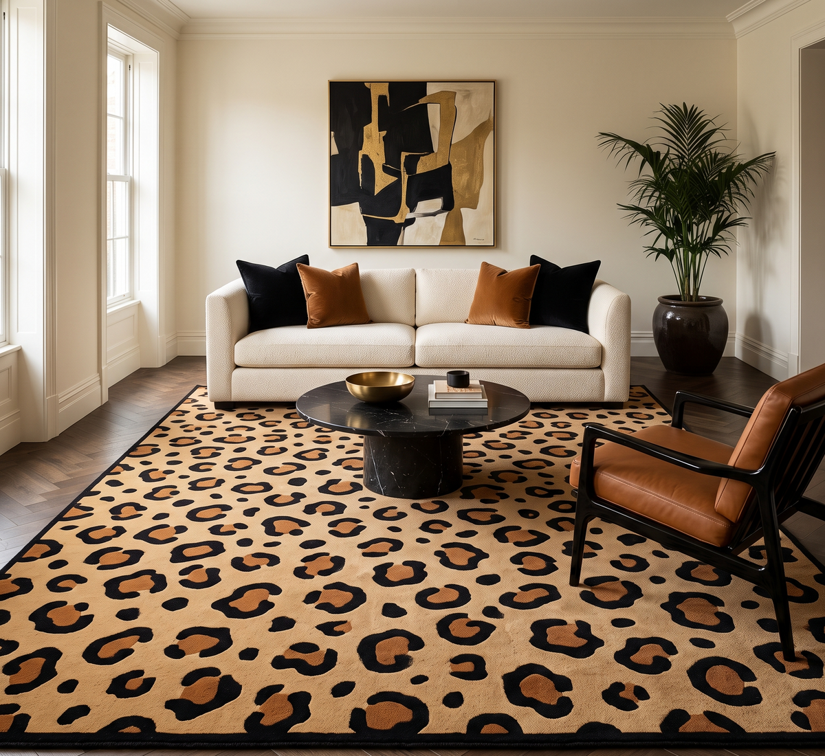 Leopard Print Rug in golden tan with bold black and rust rosettes, finished with a solid black border