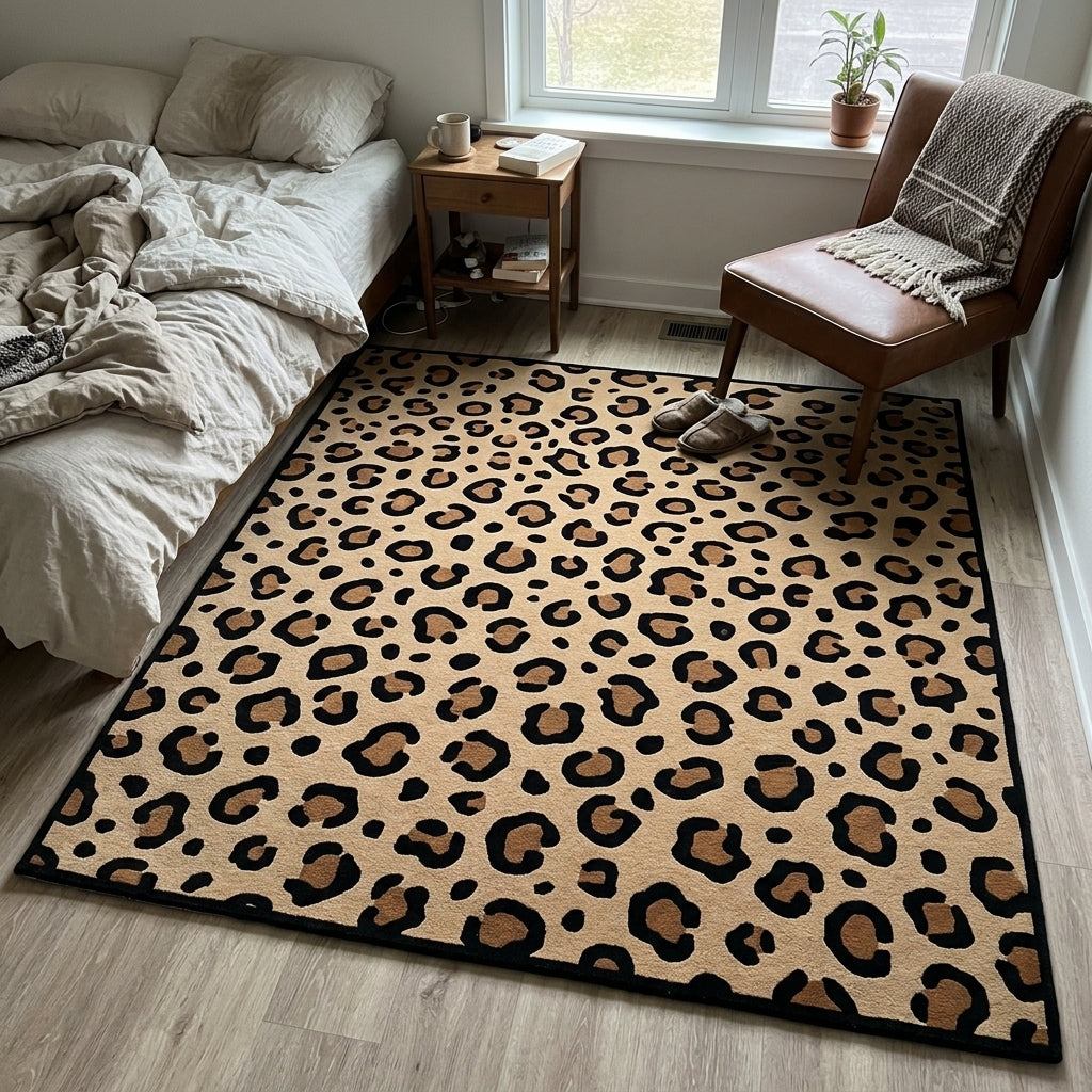 Leopard Print Rug in tan with irregular black and brown spots and a narrow solid black border