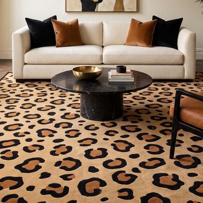 Leopard Print Rug in tan with bold black rosette spots and rust-brown centres, finished with a dark border