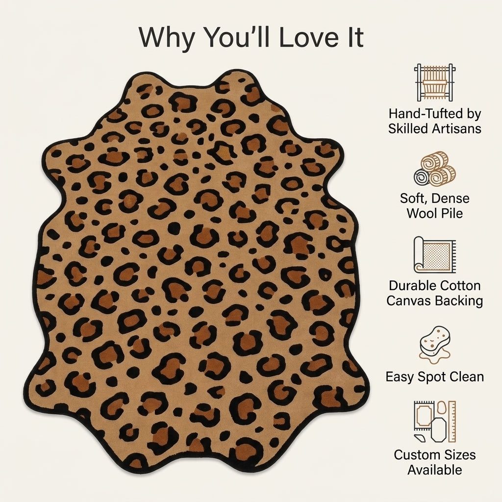 Leopard Print Rug with a tan ground, irregular black spots and a bold black outline in a scalloped hide shape