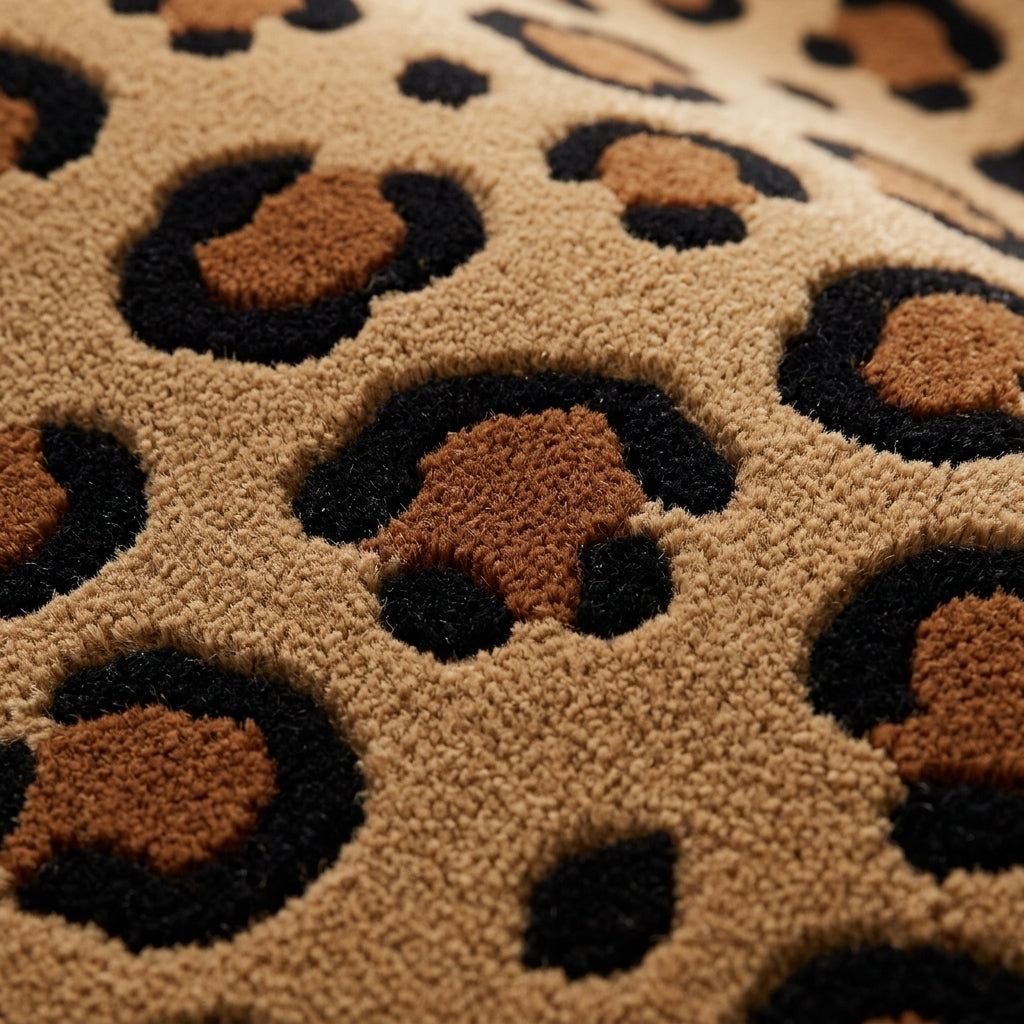Leopard Print Rug in plush tan wool with raised black and rust-brown spots and sculpted pile detailing