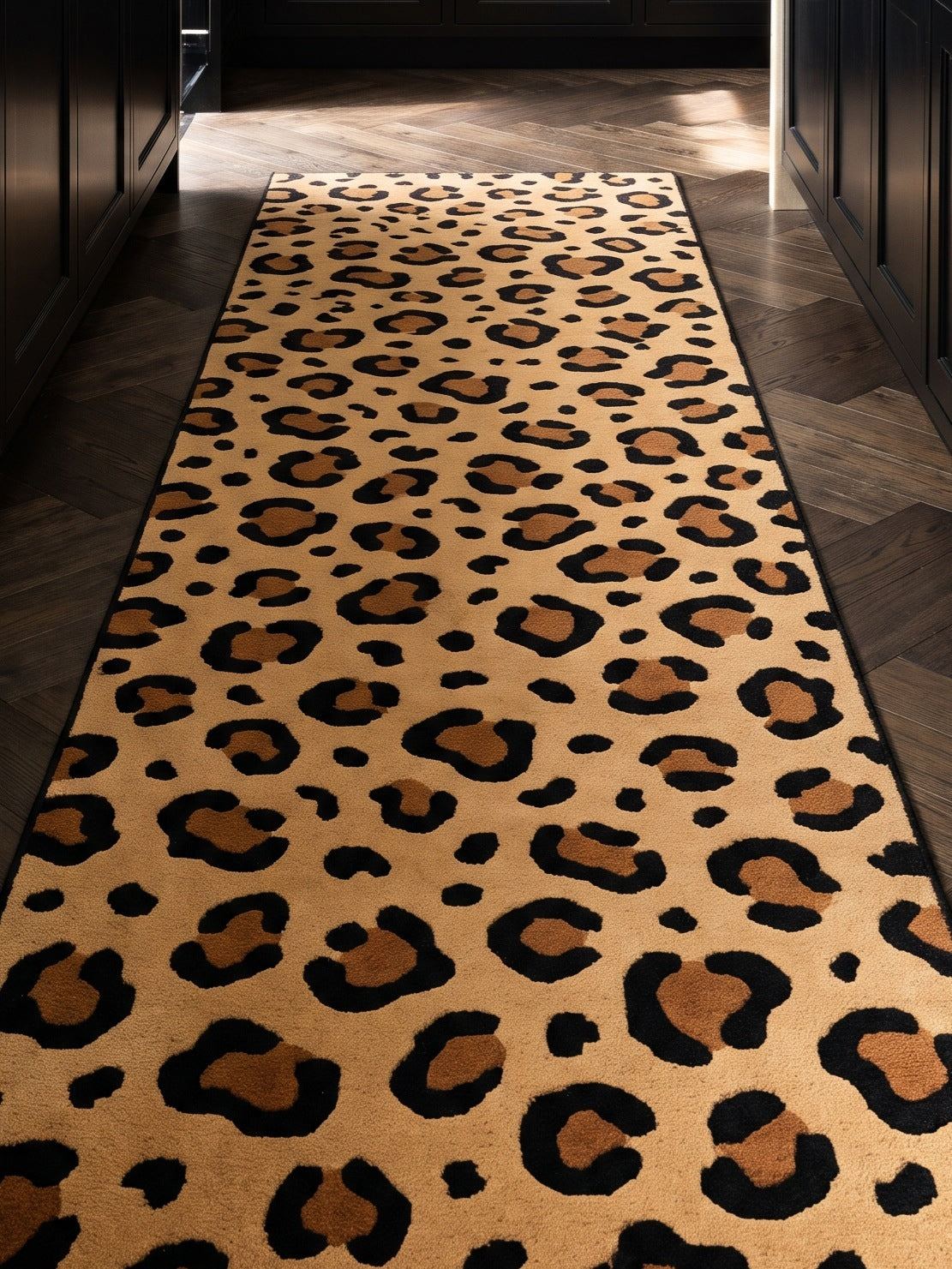 Leopard Print Runner Rug with tan ground, black rosettes and warm brown centres in an all-over animal pattern