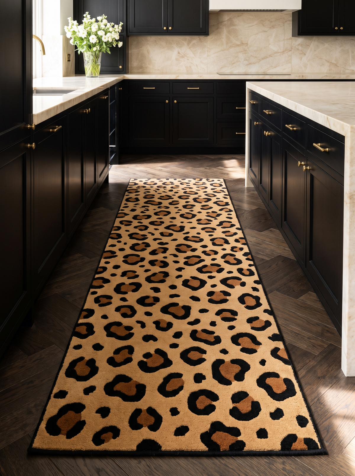 Leopard Print Runner Rug in tan with bold black rosettes, brown centres and a slim black bound edge
