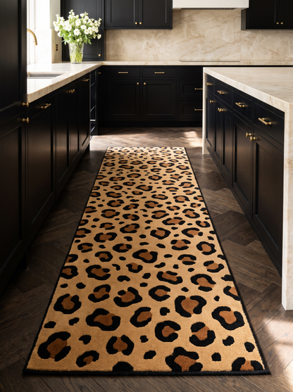 Leopard Print Runner Rug in tan with bold black rosettes, brown centres and a slim black bound edge