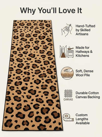Leopard Print Runner Rug in tan wool with black and brown rosettes, slim dark bound edge and no fringe