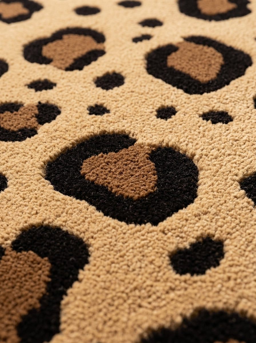 Leopard Print Runner Rug in plush tan wool with raised black rosettes, brown centres and scattered spots