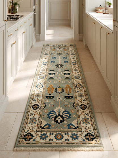 Hand Knotted Oushak Runner Rug in soft blue wool, with navy, copper and ivory garden motifs and fringed ends.