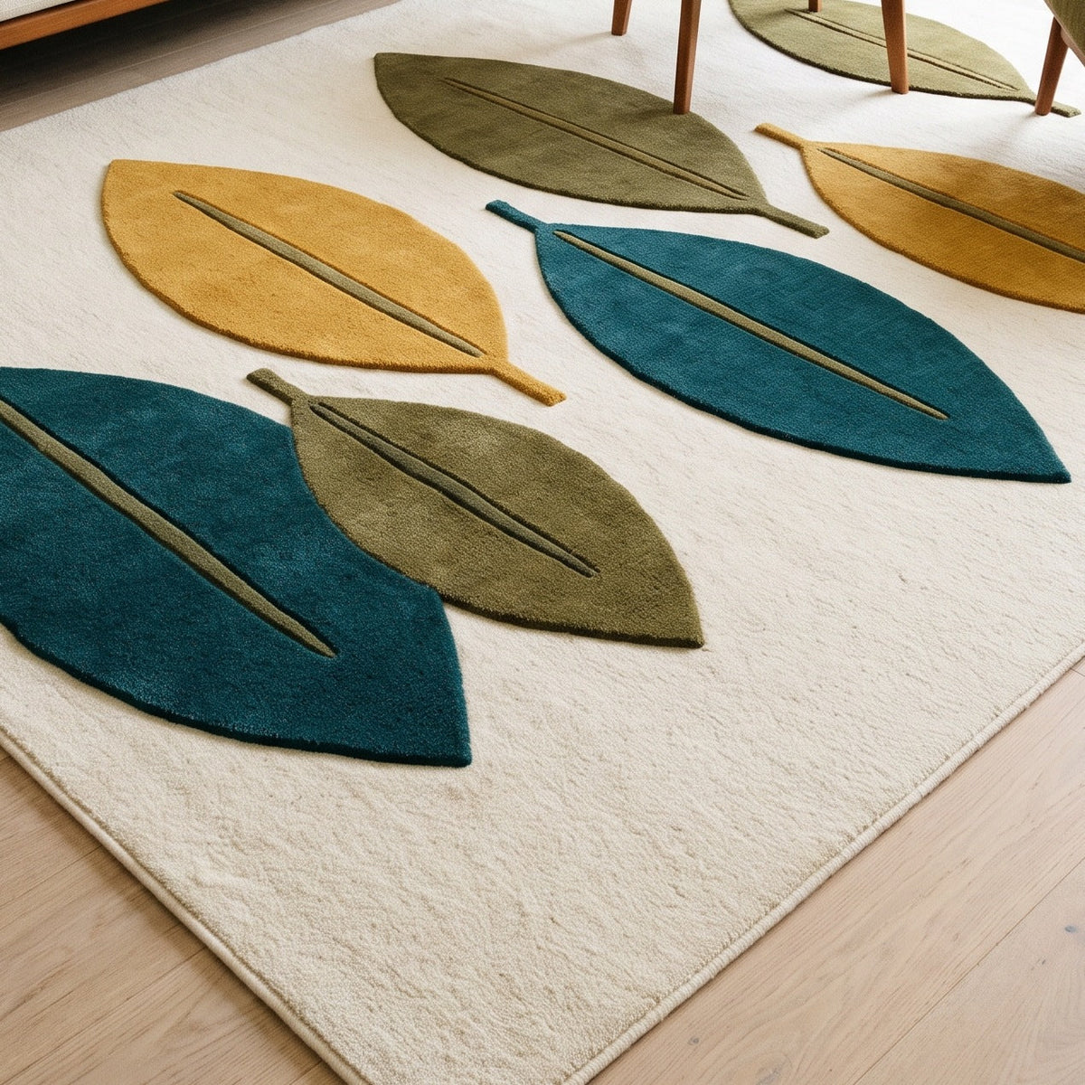 Mid Century Leaf Rug with sculpted teal, mustard and olive leaf shapes on an ivory wool surface