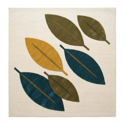 Mid Century Leaf Rug with sculpted teal, mustard and olive leaves featuring carved veins on an ivory ground