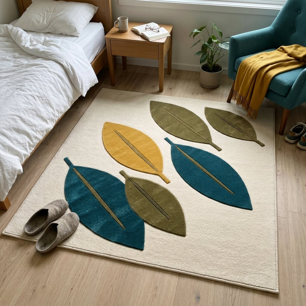Mid Century Leaf Rug with sculpted teal, mustard and olive leaves on an ivory ground, featuring carved veins