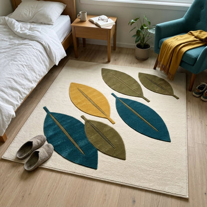 Mid Century Leaf Rug with sculpted teal, mustard and olive leaves on an ivory ground, featuring carved veins