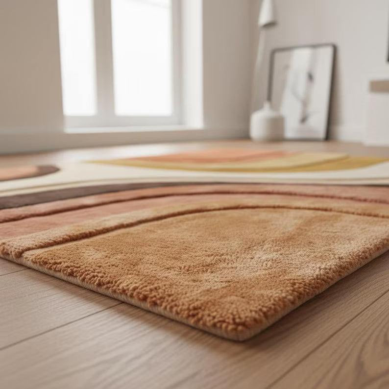 Mid Century Modern abstract hand-tufted area rug with terracotta, mustard, and cream geometric design