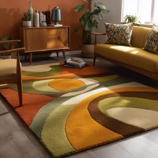 Retro 70s wavy abstract area rug in olive, burnt orange and cream – mid-century modern earth-tone carpet for living room. __etsy:7333105305