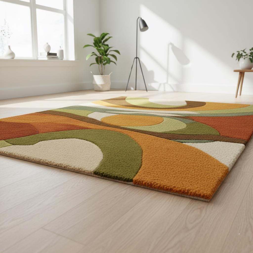 Mid-Century Modern Wool Rug: 70s Wavy Abstract Design Teppich __etsy:7333105155