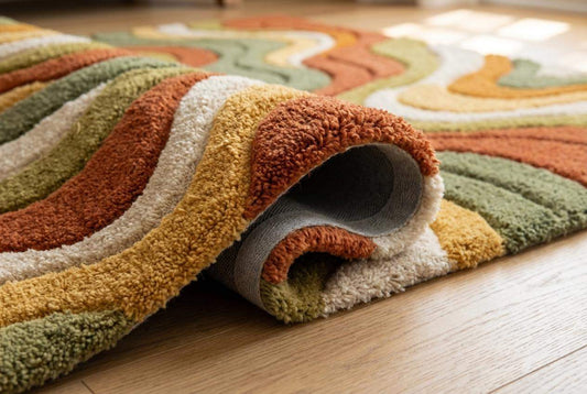 Close-up of hand tufted wool rug showing soft dense pile texture with raised abstract wave pattern and plush fibers __etsy:7950126973