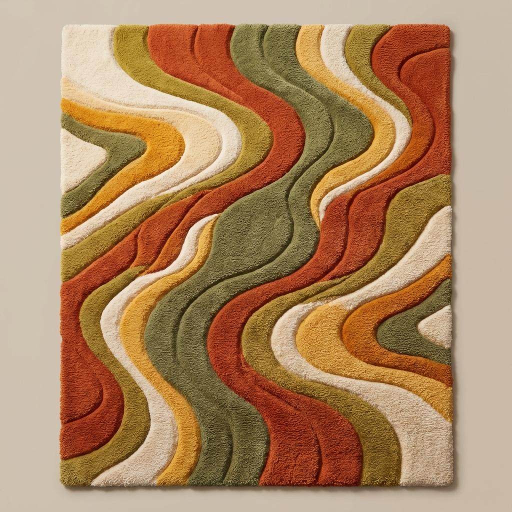 Colorful modern wool tufted carpet with organic flowing design placed under chair in mid century interior __etsy:7902175192